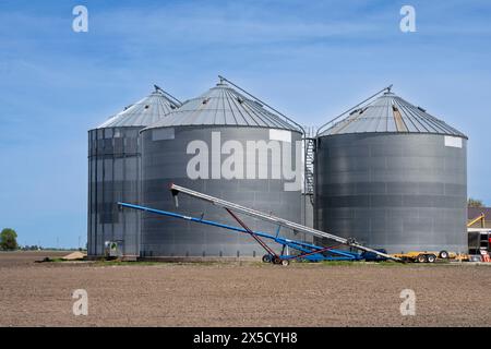 Due grandi silos a grana metallica in un campo con sistema di trasporto, sotto un cielo azzurro. Foto Stock