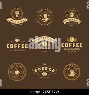 I modelli di design dei loghi del bar impostano l'illustrazione vettoriale per il design del badge del caffè e la decorazione del menu. Emblemi e simboli tipografici retrò. Illustrazione Vettoriale