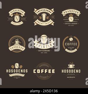 I modelli di design dei loghi del bar impostano l'illustrazione vettoriale per il design del badge del caffè e la decorazione del menu. Emblemi e simboli tipografici retrò. Illustrazione Vettoriale