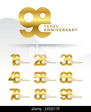 Set di logotipo Anniversary color oro con sfondo bianco per festeggiare Illustrazione Vettoriale