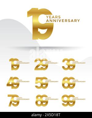 Set di logotipo Anniversary color oro con sfondo bianco per festeggiare Illustrazione Vettoriale