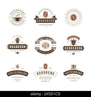 I modelli di design dei loghi del bar impostano l'illustrazione vettoriale per il design del badge del caffè e la decorazione del menu. Emblemi e simboli tipografici retrò. Illustrazione Vettoriale