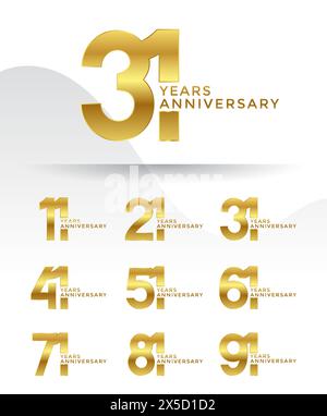 Set di logotipo Anniversary color oro con sfondo bianco per festeggiare Illustrazione Vettoriale