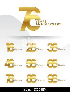 Set di logotipo Anniversary color oro con sfondo bianco per festeggiare Illustrazione Vettoriale