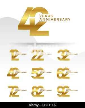 Set di logotipo Anniversary color oro con sfondo bianco per festeggiare Illustrazione Vettoriale