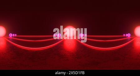 HDRI. Linee al neon brillanti. Panorama sferico completo a 360 gradi. Riflessi a terra, luci, sfondo retrò astratto vintage, ultravioletti, spettro Foto Stock