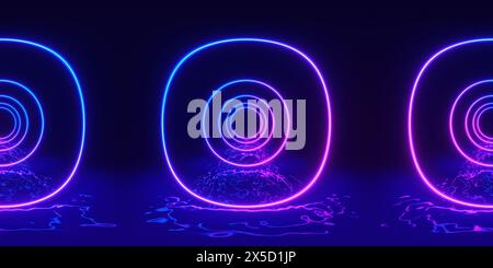 HDRI. Linee al neon brillanti. Panorama sferico completo a 360 gradi. Riflessi a terra, luci, sfondo retrò astratto vintage, ultravioletti, spettro Foto Stock