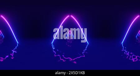 HDRI. Linee al neon brillanti. Panorama sferico completo a 360 gradi. Riflessi a terra, luci, sfondo retrò astratto vintage, ultravioletti, spettro Foto Stock