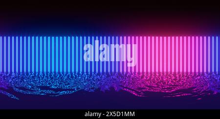 HDRI. Linee al neon brillanti. Panorama sferico completo a 360 gradi. Riflessi a terra, luci, sfondo retrò astratto vintage, ultravioletti, spettro Foto Stock