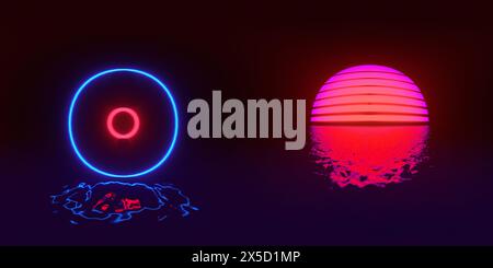 HDRI. Linee al neon brillanti. Panorama sferico completo a 360 gradi. Riflessi a terra, luci, sfondo retrò astratto vintage, ultravioletti, spettro Foto Stock