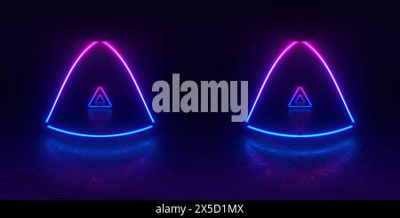 HDRI. Linee al neon brillanti. Panorama sferico completo a 360 gradi. Riflessi a terra, luci, sfondo retrò astratto vintage, ultravioletti, spettro Foto Stock