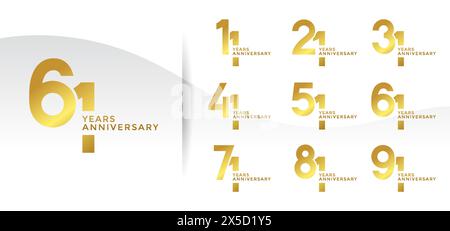 Set di logotipo Anniversary color oro con sfondo bianco per festeggiare Illustrazione Vettoriale