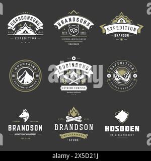 Modelli di loghi da campeggio elementi di design vettoriali e set di silhouette, escursioni in montagna e foreste all'aperto, emblemi e badg vintage Illustrazione Vettoriale