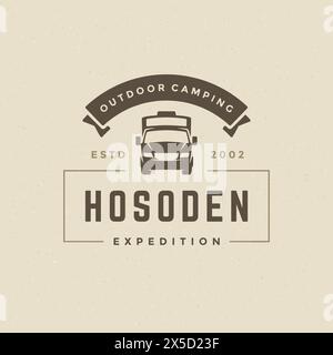 Immagine vettoriale del logo Camping. Camper per per esterno silhouette per camicia, stampa francobollo. Badge tipografico vintage. Illustrazione Vettoriale