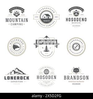 Modelli di loghi da campeggio elementi di design vettoriali e set di silhouette, escursioni in montagna e foreste all'aperto, emblemi e badg vintage Illustrazione Vettoriale