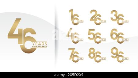 Set di logotipo Anniversary color oro con sfondo bianco per festeggiare Illustrazione Vettoriale