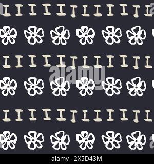 Motivo monocromatico blu scuro e beige senza cuciture con forme e fiori accattivanti Illustrazione Vettoriale