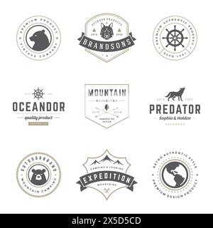 Modelli di loghi da campeggio elementi di design vettoriali e set di silhouette, escursioni in montagna e foreste all'aperto, emblemi e badg vintage Illustrazione Vettoriale