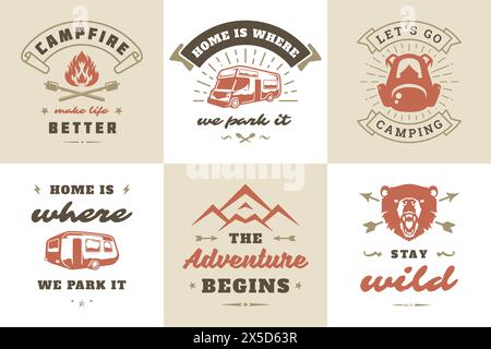 Citazioni e detti di avventura all'aperto e campeggio tipografia, illustrazioni vettoriali. Ideale per t-shirt, tazze, biglietti d'auguri, foto sovrapposte e poste Illustrazione Vettoriale