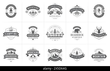 Modelli di logo e badge da campeggio elementi di design vettoriali e silhouette. Avventura all'aperto, montagne e campi forestali emblemi in stile vintage e l Illustrazione Vettoriale
