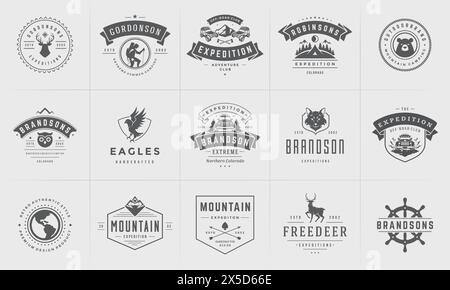 Modelli di logo e badge da campeggio elementi di design vettoriali e silhouette. Avventura all'aperto, montagne e campi forestali emblemi in stile vintage e l Illustrazione Vettoriale