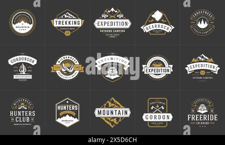 Modelli di logo e badge da campeggio elementi di design vettoriali e silhouette. Avventura all'aperto, montagne e campi forestali emblemi in stile vintage e l Illustrazione Vettoriale