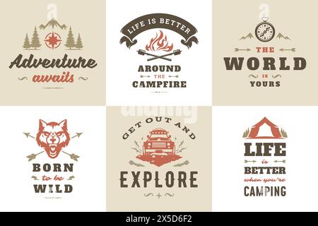 Citazioni e detti di avventura all'aperto e campeggio tipografia, illustrazioni vettoriali. Ideale per t-shirt, tazze, biglietti d'auguri, foto sovrapposte e poste Illustrazione Vettoriale