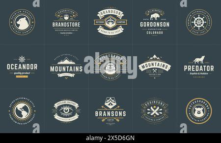Modelli di logo e badge da campeggio elementi di design vettoriali e silhouette. Avventura all'aperto, montagne e campi forestali emblemi in stile vintage e l Illustrazione Vettoriale