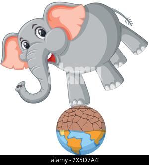 Elefante cartoon in equilibrio su una Terra stilizzata Illustrazione Vettoriale