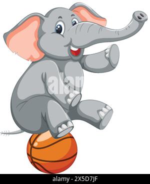 Allegro elefante cartoni animati in equilibrio su un pallacanestro arancione Illustrazione Vettoriale