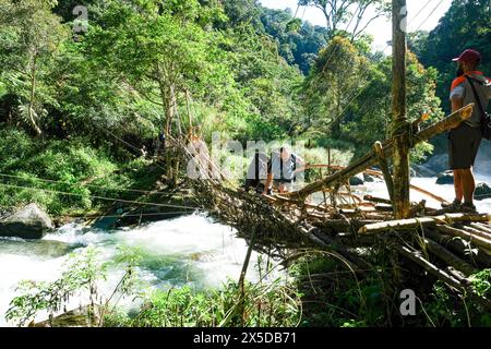 Escursionisti che attraversano un ponte di legno sulla pista di Kokoda, Papua nuova Guinea Foto Stock