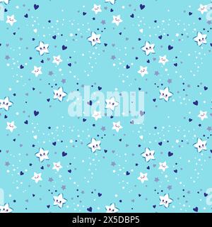 Disegno vettoriale a mano senza cuciture. Sfondo carino con stelle sorridenti. Cielo notturno, stampa baby nei colori azzurri per il design e il tessuto della nursery Illustrazione Vettoriale