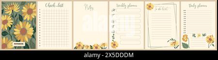 Pagine di notebook e modello di copertina con girasoli. Illustrazione Vettoriale