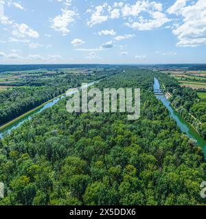 Vista sul paesaggio boscoso delle pianure alluvionali di Iller tra Illertissen e Dietenheim Foto Stock