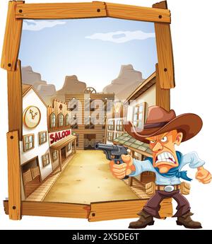 Cowboy arrabbiato con la pistola in un ambiente di saloon occidentale. Illustrazione Vettoriale