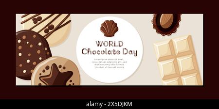 Modello per banner World Chocolate Day con barretta di cioccolato, biscotti e caramelle. Dolce dolce. Illustrazione vettoriale isolata Illustrazione Vettoriale