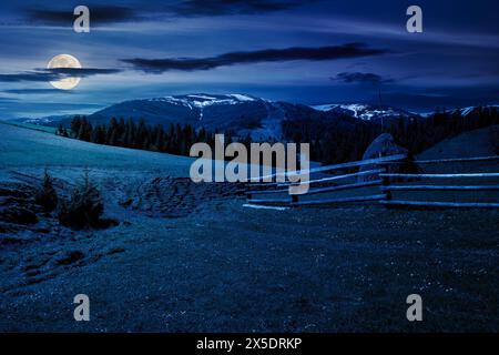 recinzione in legno attraverso il campo rurale erboso di notte. paesaggio di campagna montuoso con colline boscose alla luce della luna piena Foto Stock