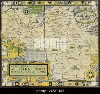 Mappa storica vintage della prima guerra mondiale: Ordine di battaglia sul fronte occidentale, 11:00, 11 novembre 1918, settore americano Foto Stock