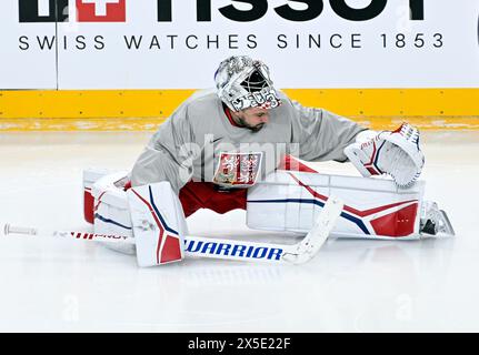 Praga, Repubblica Ceca. 9 maggio 2024. Portiere Petr Mrazek durante l'allenamento della nazionale di hockey della Repubblica Ceca a Praga, in Repubblica Ceca, 9 maggio 2024. Crediti: Katerina Sulova/CTK Photo/Alamy Live News Foto Stock
