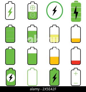 Semplice serie di icone della linea vettoriale relative alle batterie. Illustrazione Vettoriale