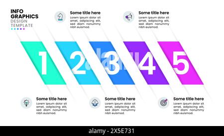 Modello infografico con icone e 5 opzioni o passaggi. Strisce numerate. Può essere utilizzato per layout del flusso di lavoro, diagrammi, banner, webdesign. Illustrazione vettoriale Illustrazione Vettoriale