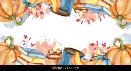 Cornice autunnale con grande zucca arancione, libri, candela con cornice, tazza blu e illustrazione di acquerello di bacche rosse. Banner disegnato a mano per Foto Stock