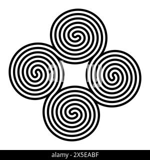 Ripetizione geometrica di quattro spirali congiunte. Tetraskelion o tetraskele, un antico simbolo a spirale quadruplo. Foto Stock