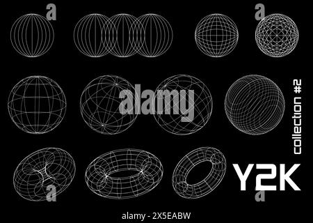 Imposta forme geometriche, lineari, nere e bianche y2k, 3d, cornici. Vettore per poster Illustrazione Vettoriale