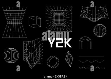 Imposta la forma geometrica nera lineare della cornice y2k, 3d . Vettore per poster Illustrazione Vettoriale