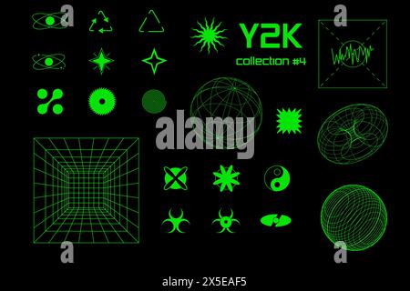 Imposta forme geometriche y2k, collezione di neon verde 3d . Vettore per poster Illustrazione Vettoriale