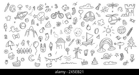 Doodle set di oggetti della vita di un bambino disegnati a mano, tra cui giocattoli, cibo, piante e cose per sport e attività creative, un razzo. arcobaleno Illustrazione Vettoriale