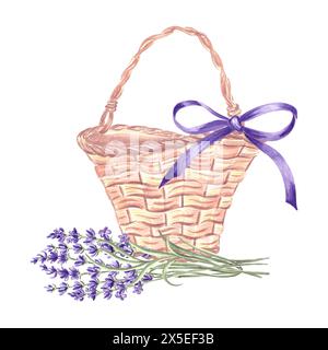 Lavanda e cestello con fiocco di seta. Bouquet di fiori, sacchetto di vimini vintage. Illustrazione ad acquerello disegnata a mano delle erbe floreali della Provenza. Isolato Foto Stock