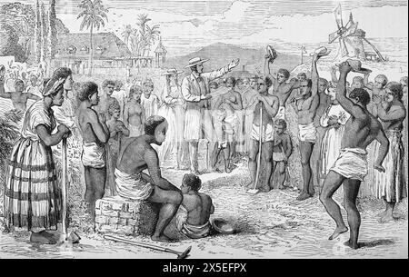 Scena in una piantagione delle Indie occidentali - schiavi che ricevono la notizia della loro emancipazione dopo l'approvazione della legge sull'abolizione della schiavitù del 1833. Illustrazione tratta dalla storia dell'Inghilterra di Cassell, vol VII. New Edition pubblicato Circ 1873-5. Foto Stock