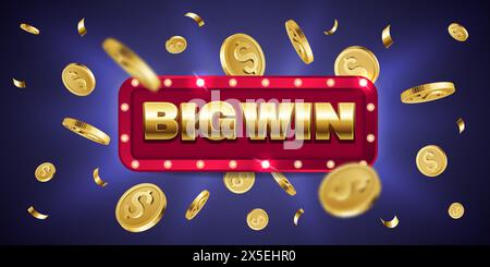 Grande vittoria. Grande poster di congratulazioni retrò con un'esplosione di coriandoli e monete d'oro. Jackpot di poker, roulette o banner vettoriale di gioco del vincitore della lotteria. Contanti online, vincite da casinò Illustrazione Vettoriale